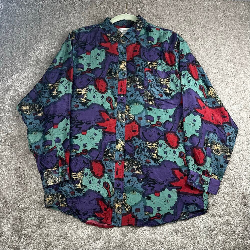 Whistles Vintage Abstract Print Button Up Shirt Size M Teal Purple 90s